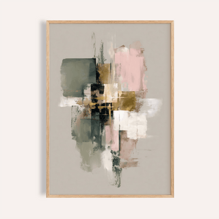 Framed pink and green wall art with abstract geometric shapes and muted colour tones