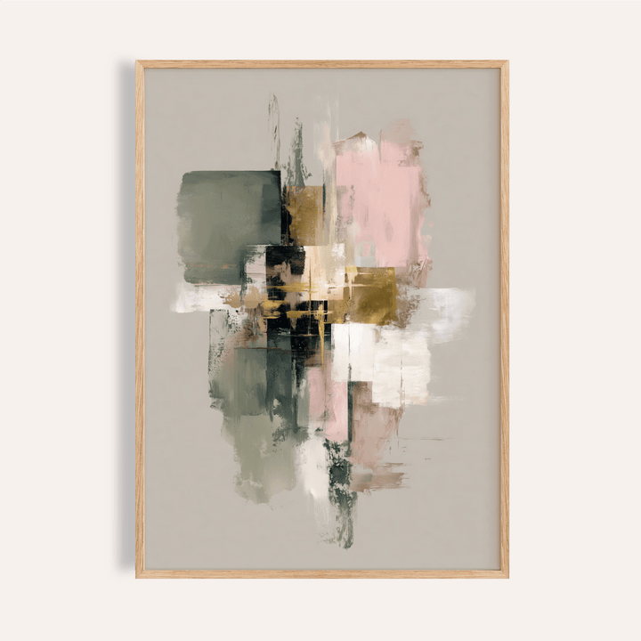 Framed pink and green wall art with abstract geometric shapes and muted colour tones