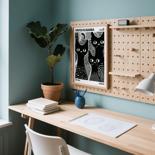 Black Cats Poster framed print with three black cats and polka dots on a pegboard above a desk with plant