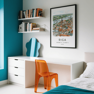 Riga City Art Print framed on a white wall above a white desk with an orange chair and blue decorative mirror
