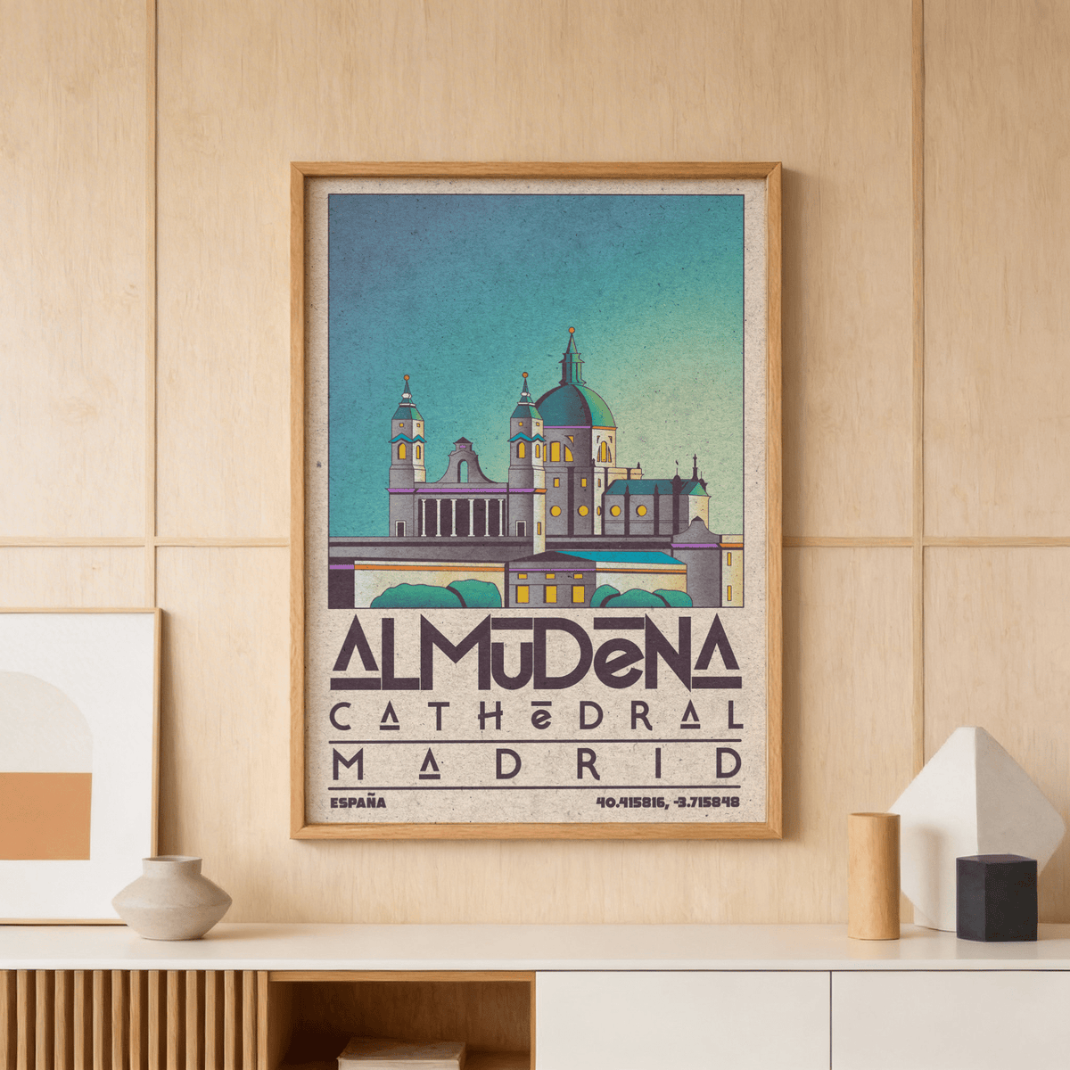 Print of Almudena Cathedral illustration with mid-century style colours hanging above shelf with vases