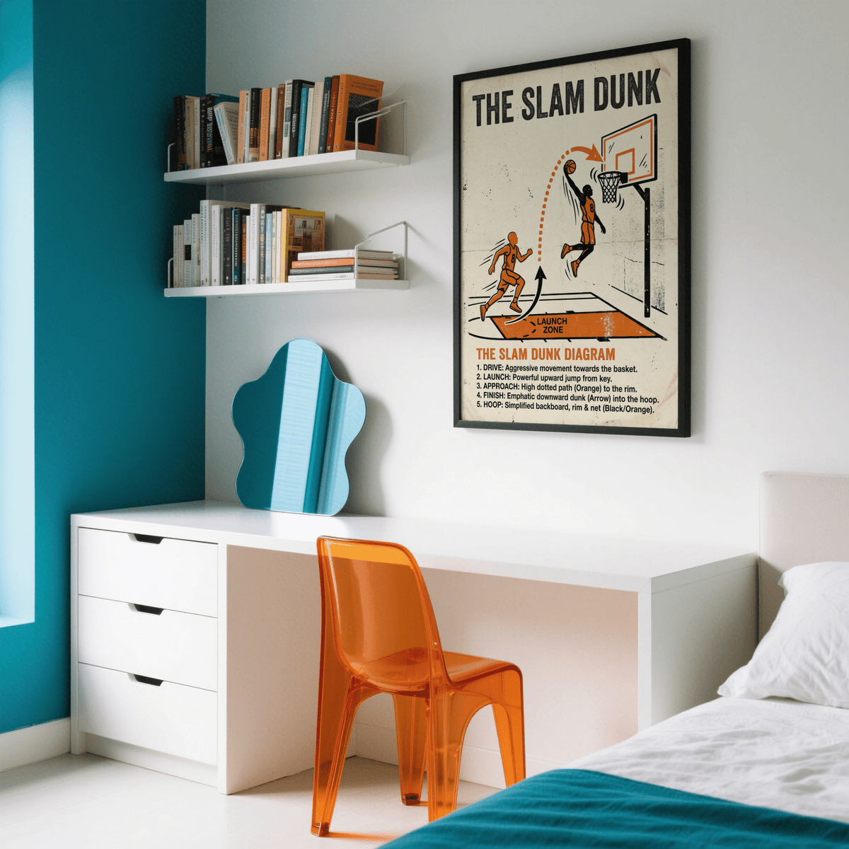 Slam Dunk Diagram Art in a bedroom scene with white desk and transparent orange chair
