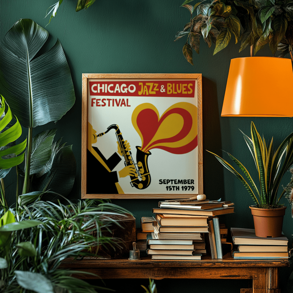 Framed Chicago Blues Poster featuring a retro saxophone player with red and yellow tones surrounded by plants and a lamp