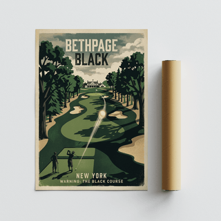 New York Golf Course Print vintage golf fairway illustration with beige and green tones beside packaging tube