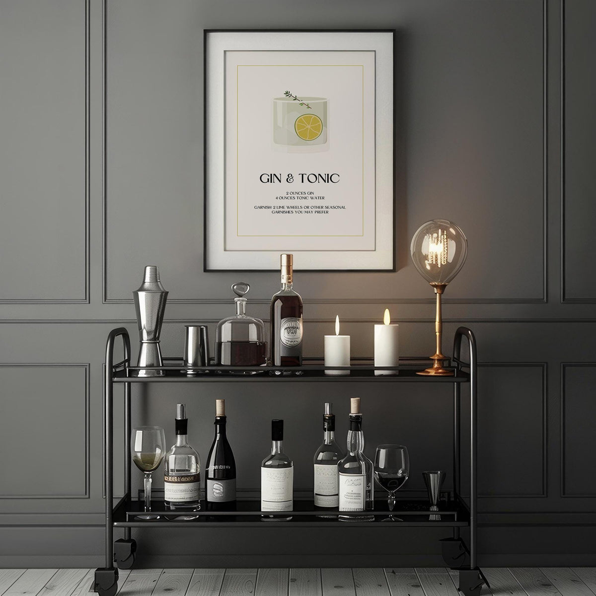 Gin and Tonic wall art with minimalist illustration above a bar cart with bottles and candles