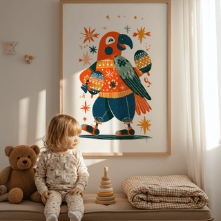 Playful Animal Poster print of a parrot with maracas in folk-art style on a nursery wall with toys