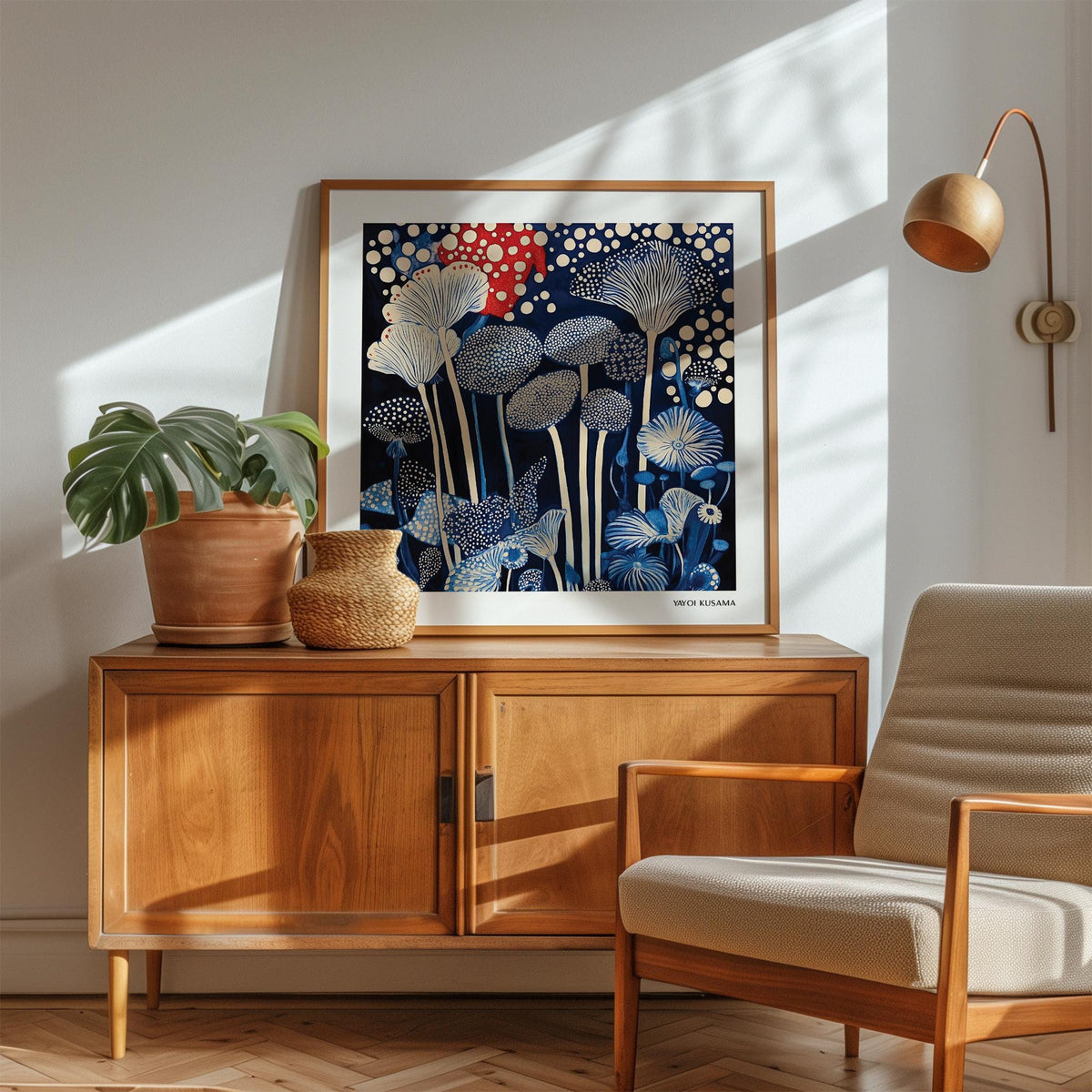 Red and Blue Art print of abstract mushroom shapes in red blue and cream displayed above a wooden sideboard with a plant