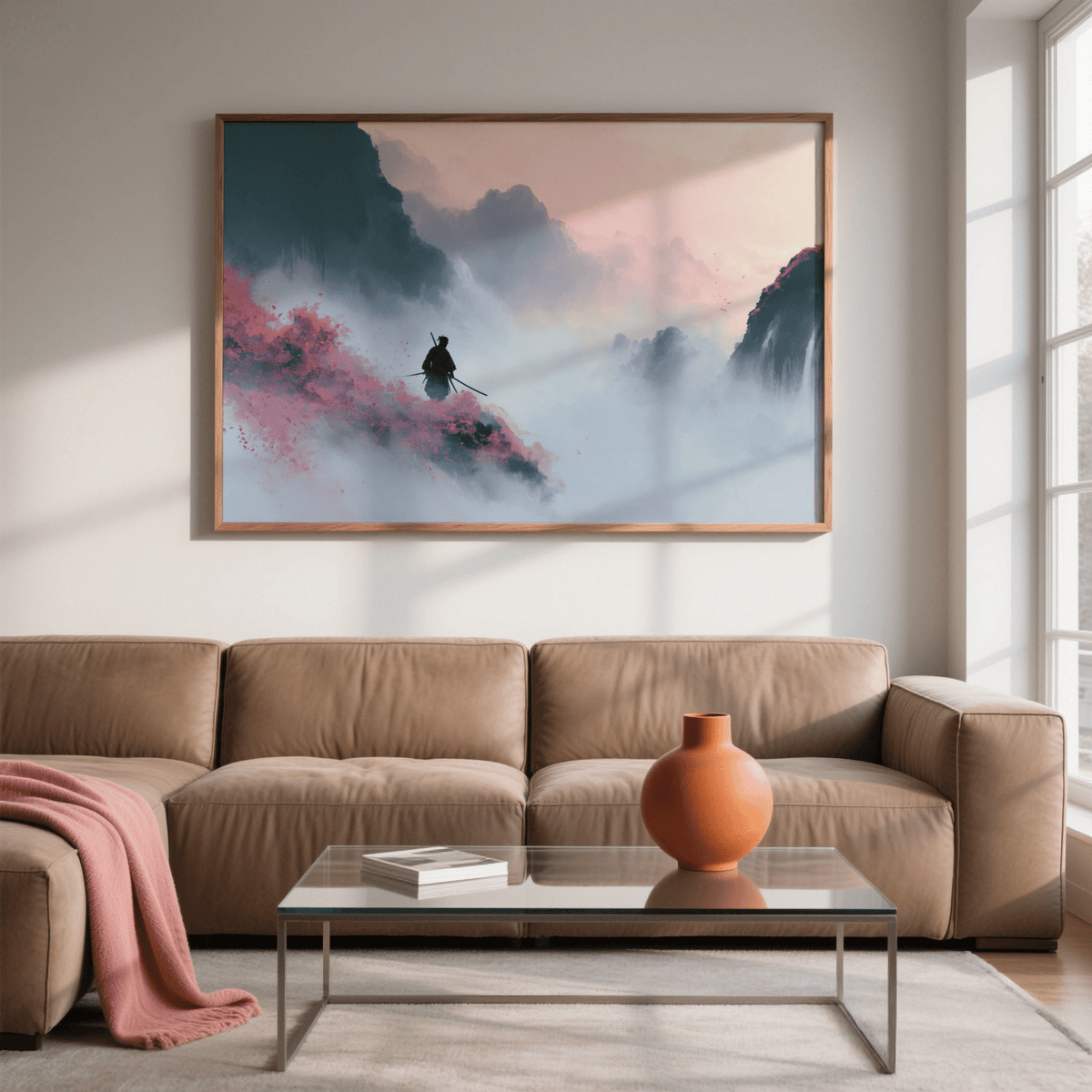Samurai Mountain wall art with pastel misty mountains and a samurai figure above a brown sofa in a living room
