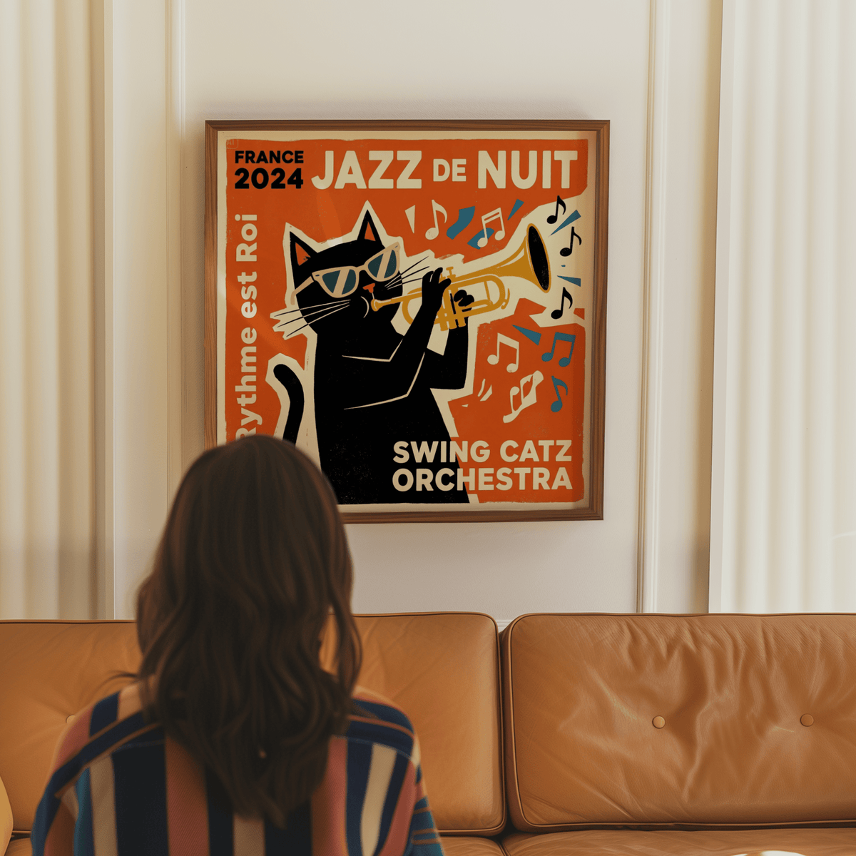 Jazz Cat Art framed print showing black cat playing trumpet in retro style above brown sofa
