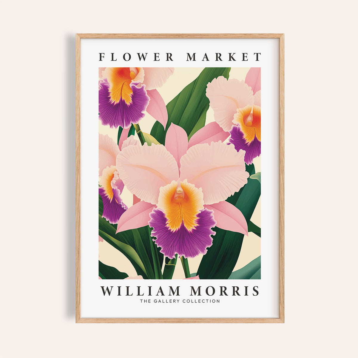 Framed print of wall art orchids with pink and purple flowers and green leaves