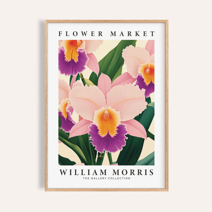 Framed print of wall art orchids with pink and purple flowers and green leaves