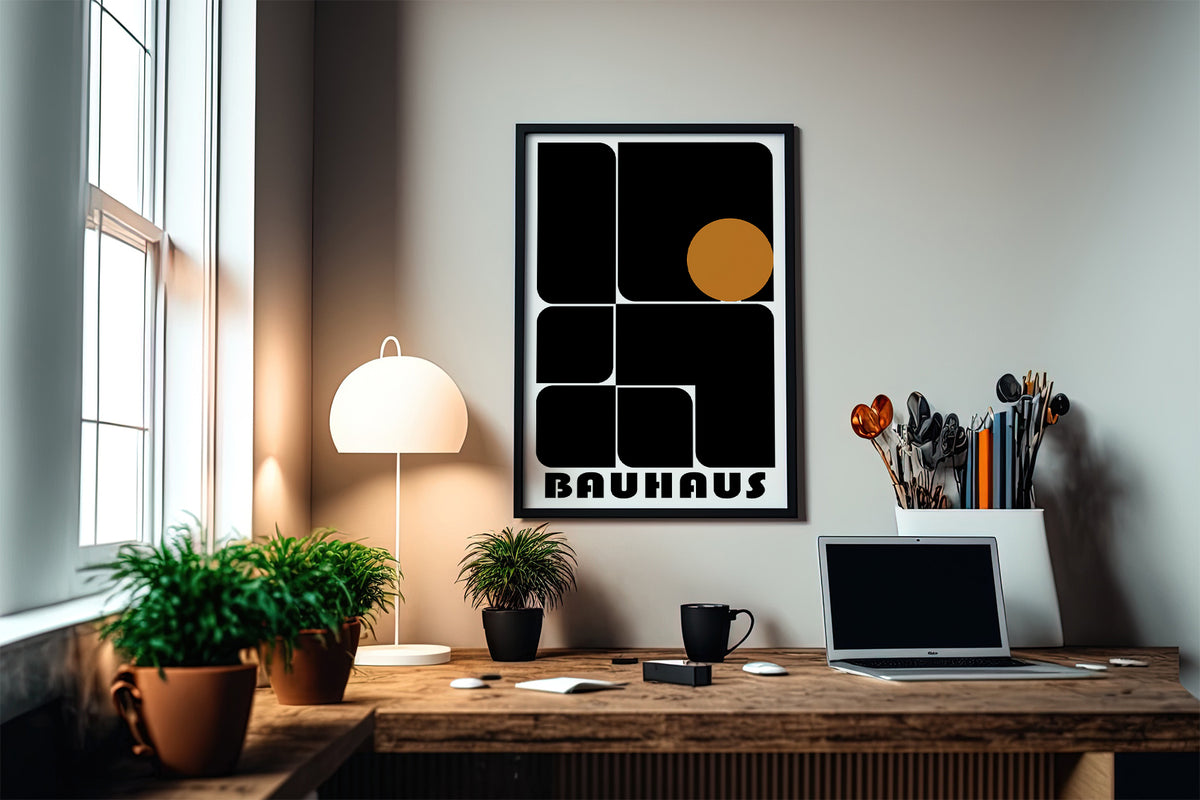 Office artwork prints framed print of abstract black geometric shapes and an orange circle above a wooden desk