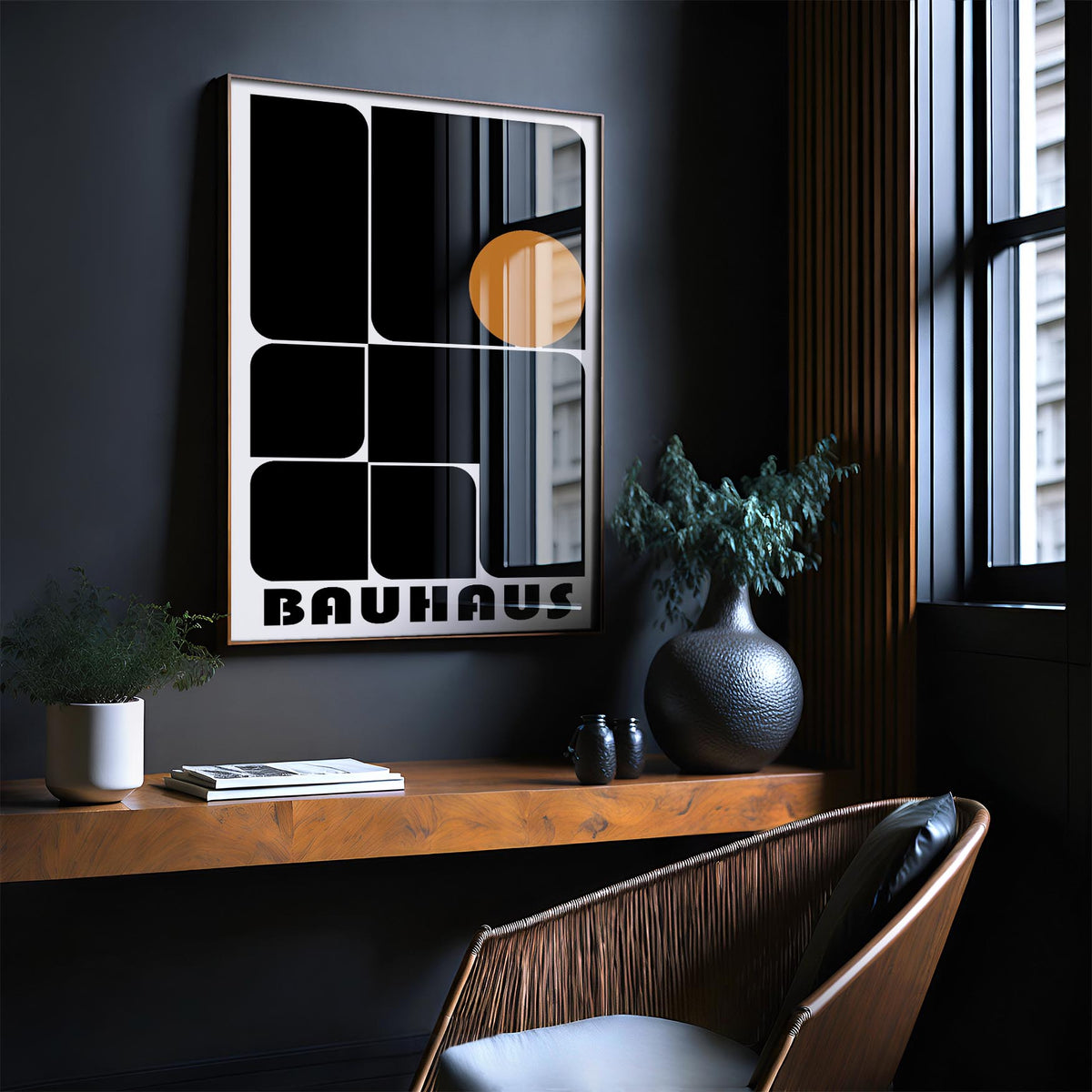 Office artwork prints of abstract black and brown geometric shapes in a modern room with plants
