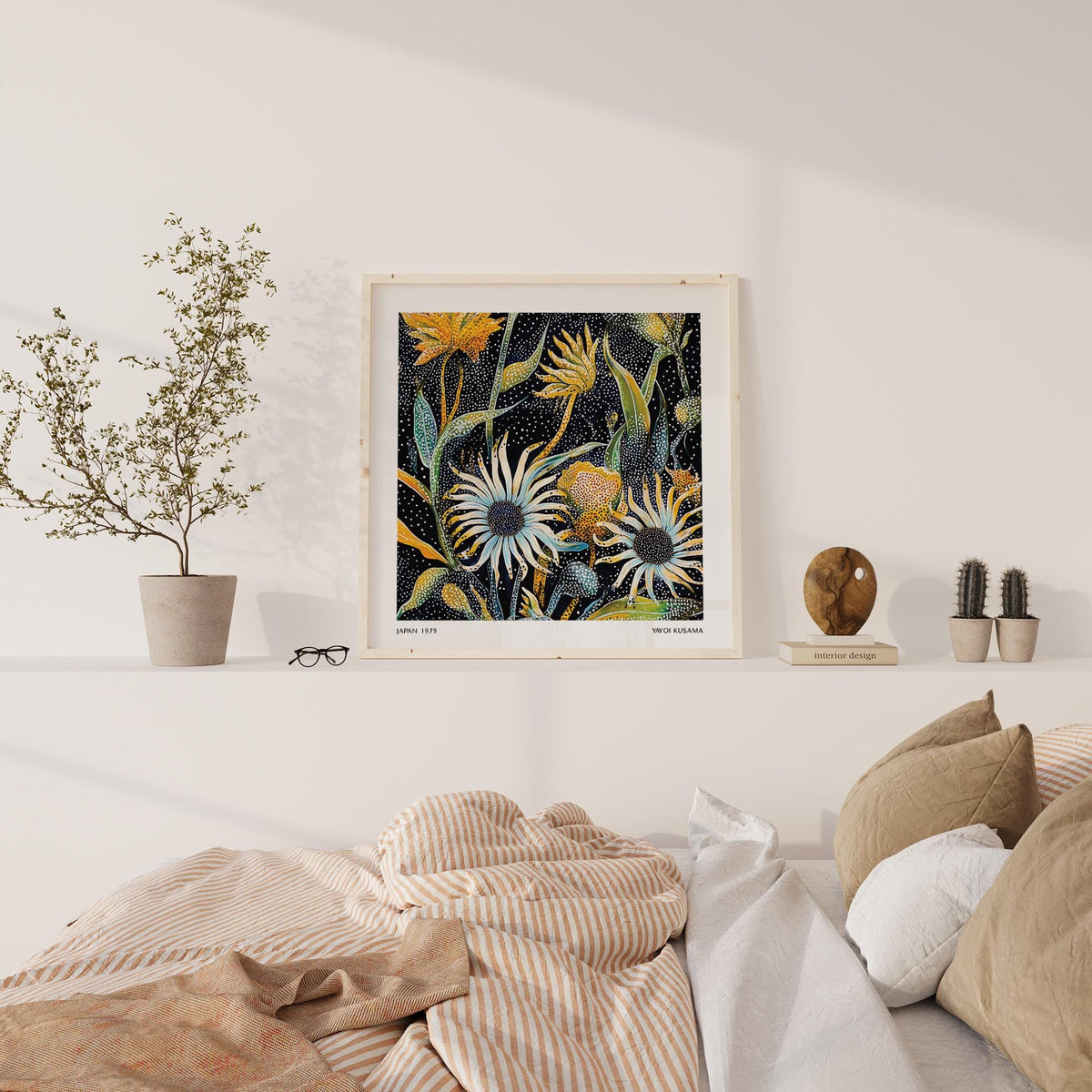 Abstract Art Floral Print leaning on a shelf with a wooden ball and small plants in a softly lit room