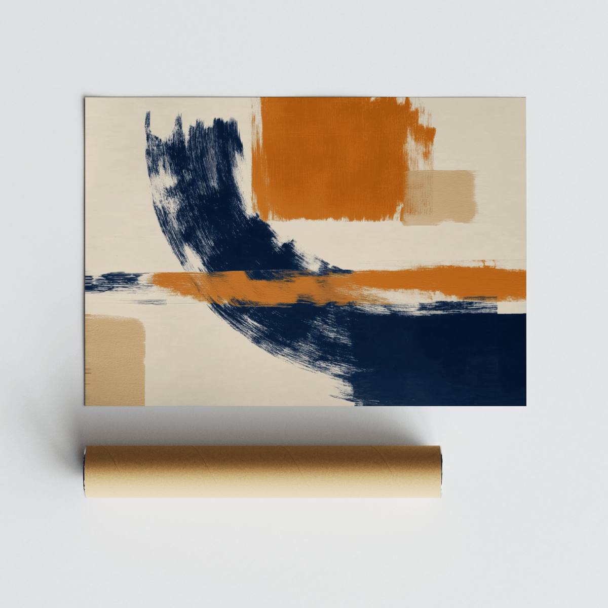 Rolled print with blue and orange brush strokes next to a brown packaging tube
