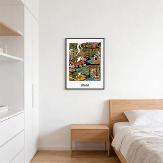Japanese Frog Art Print on a bedroom wall above a wooden bedside table with neutral bedding