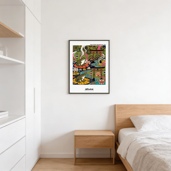 Japanese Frog Art Print on a bedroom wall above a wooden bedside table with neutral bedding