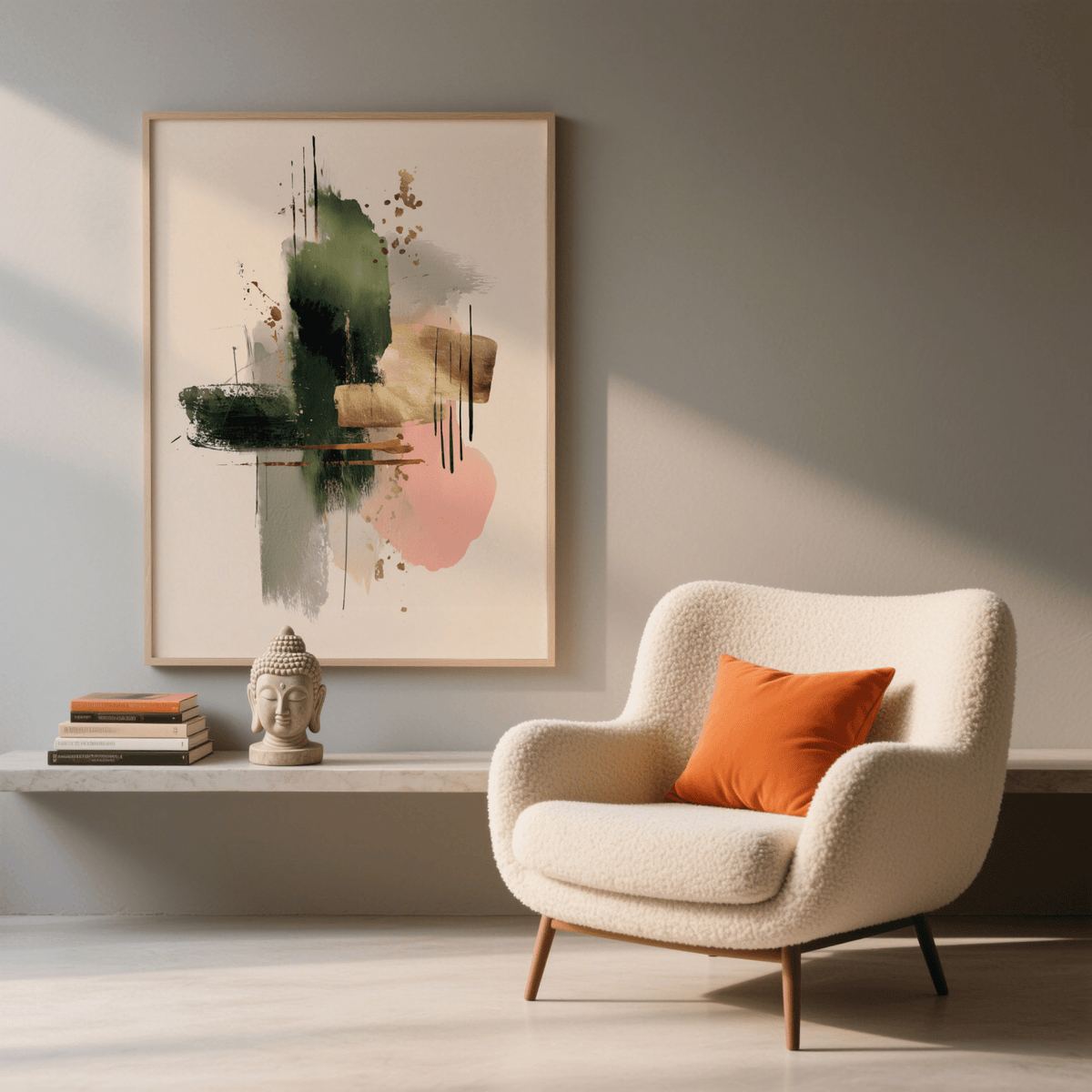 Contemporary Art Poster with abstract brushstrokes in green pink and beige above a marble shelf with a Buddha statue