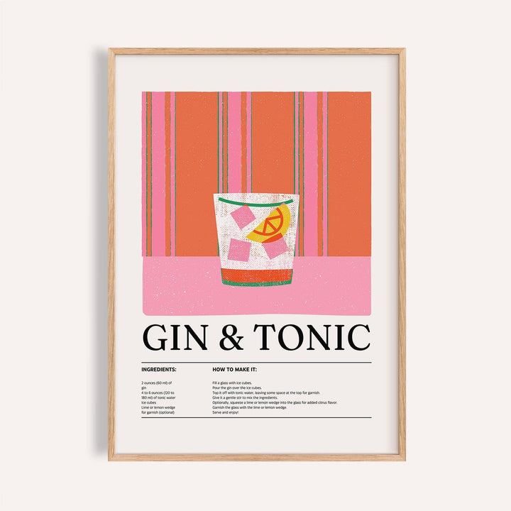 Kitchen art print of a gin and tonic cocktail illustration with orange and pink stripes
