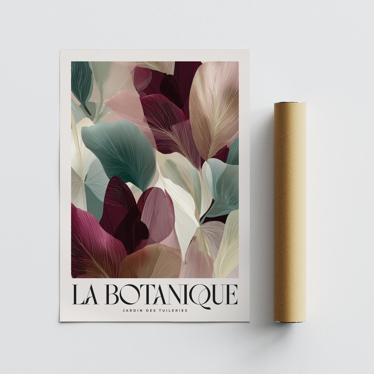 Rolled print showing abstract leaves in burgundy and muted green with a brown packaging tube
