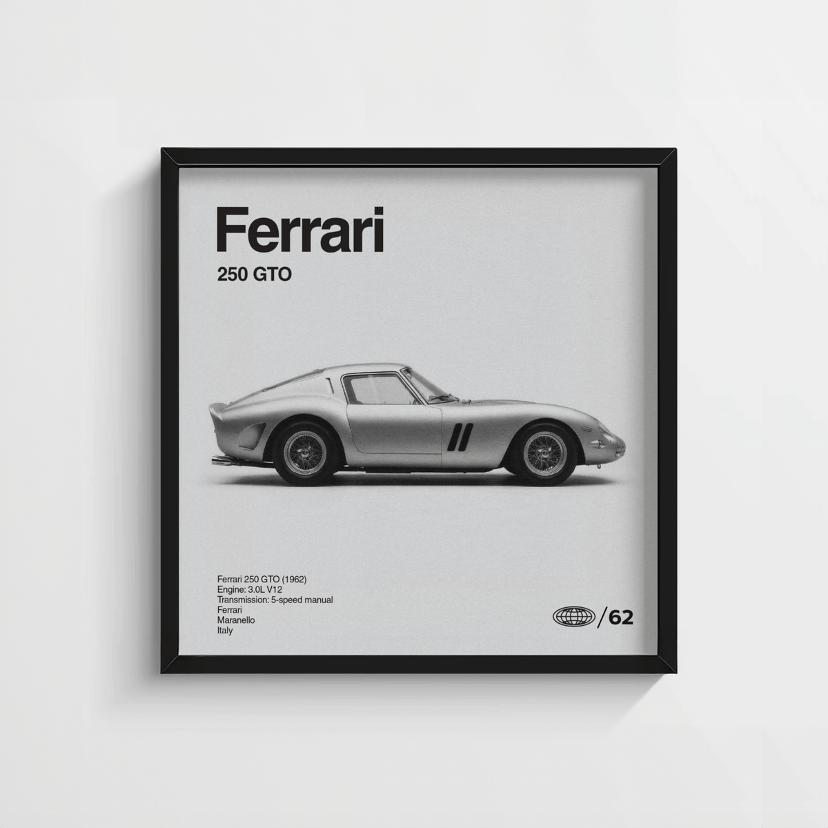 Classic Grand Tourer Poster in black frame showing silver vintage racing car side view on grey background