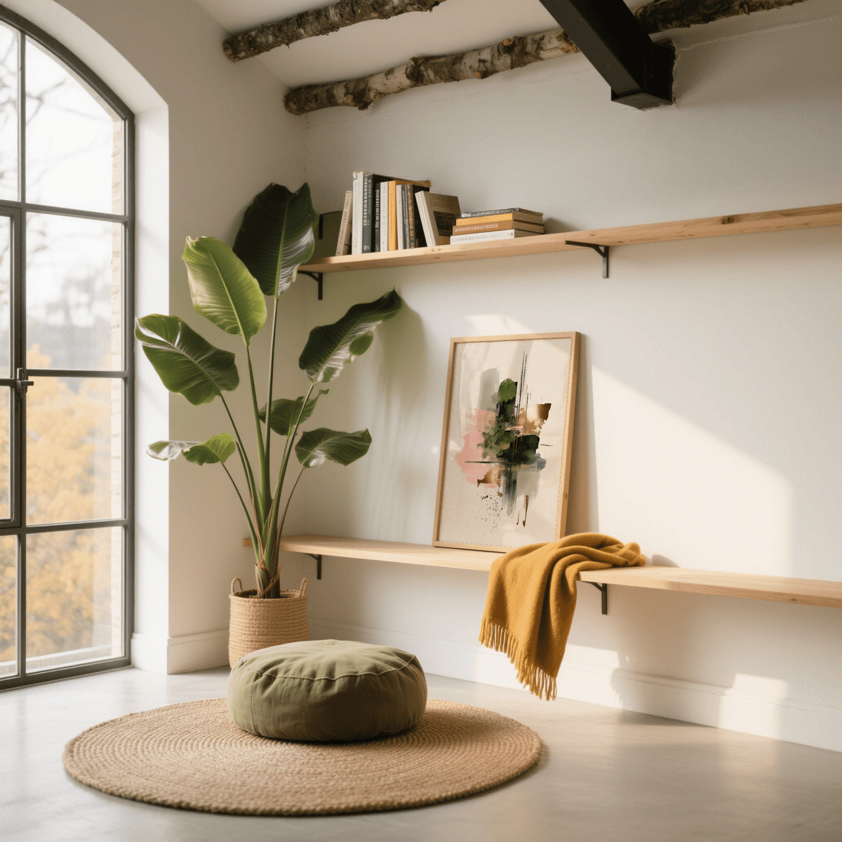 Print leaning on a shelf with abstract pink and green brushstrokes near a tall leafy plant in a bright room
