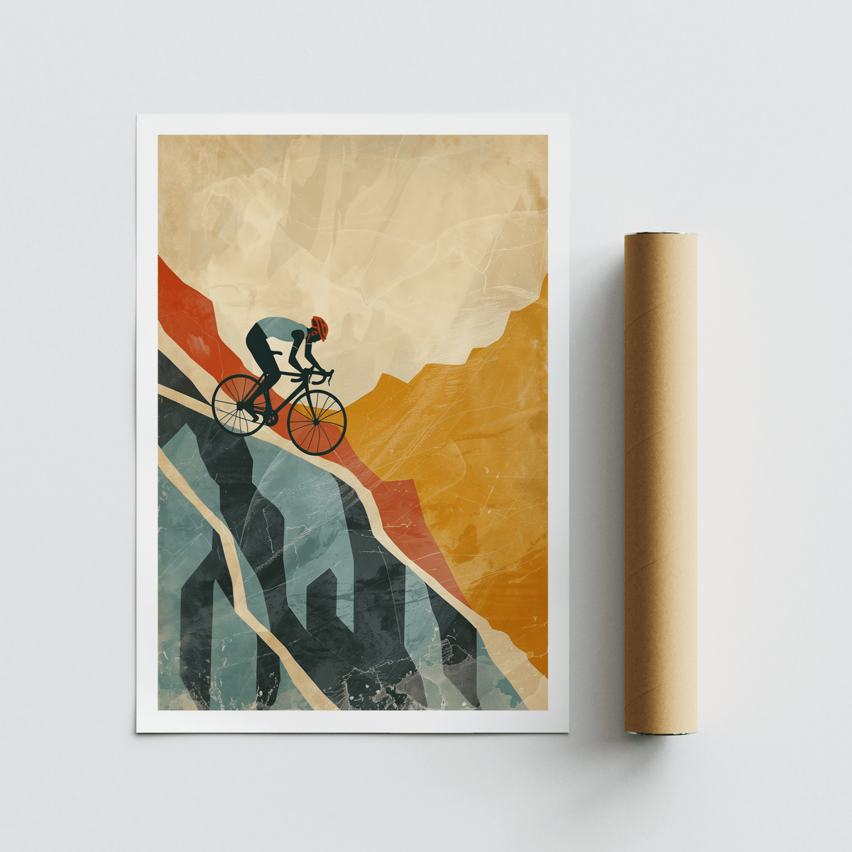 Mountain Biking Art Print of a cyclist climbing a steep hill in muted orange and blue tones alongside packaging tube