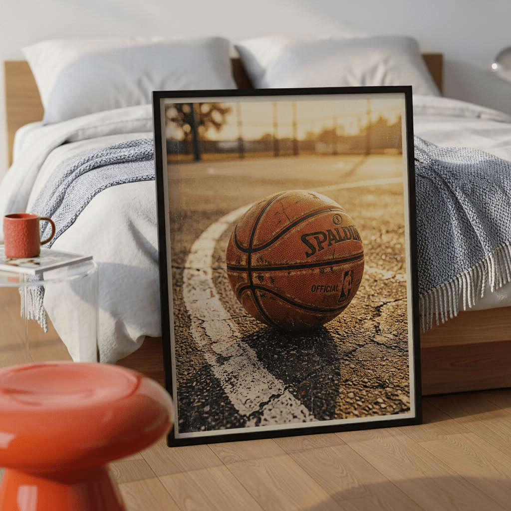 Basketball court wall art with a worn basketball leaning on the floor by a bed