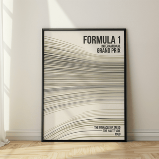 Print leaning on floor of minimalist racing track lines poster with black frame and shadow on wall