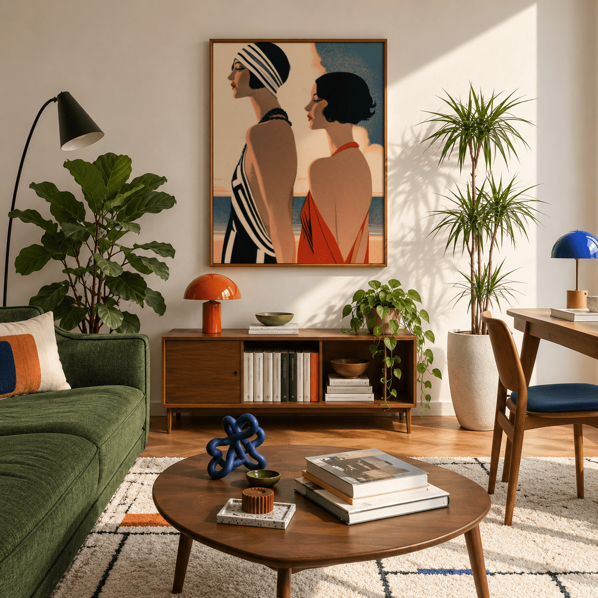 Art Deco Riviera Fashion Print of two elegant women in striped black and white and red dresses in a living room with houseplants