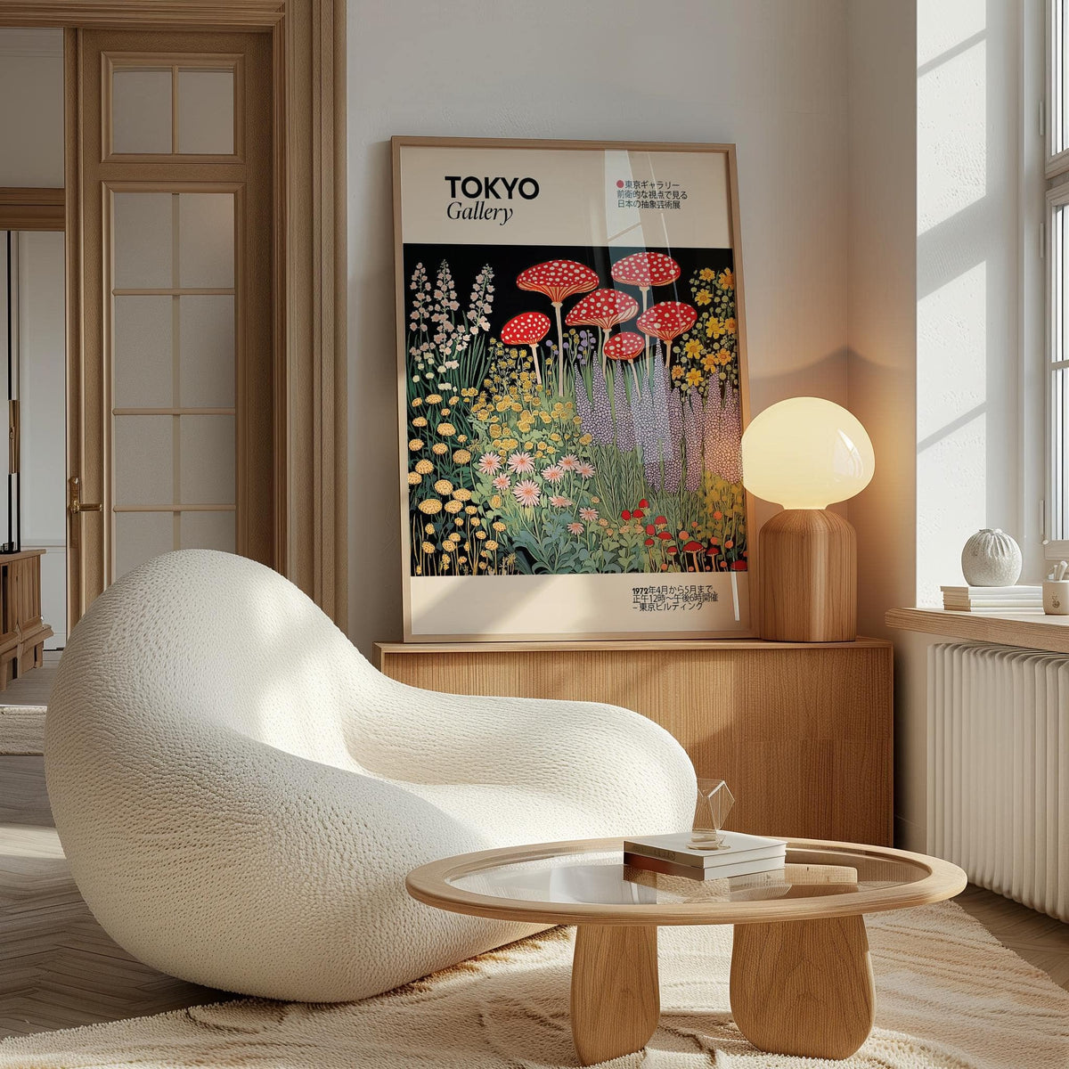 Print leaning on a shelf showing red fly agaric mushrooms and various flowers with a lamp nearby