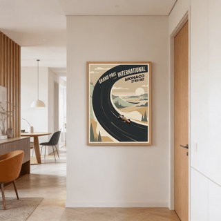 Vintage Car Racing Poster print on a wall showing a minimalist racing car on a curved track in muted colours in a hallway