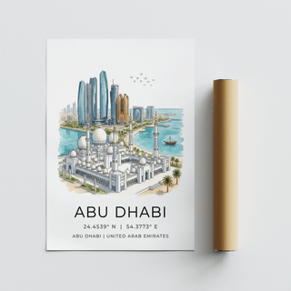 Close-up of Abu Dhabi art print showing a watercolour illustration with a packaging tube