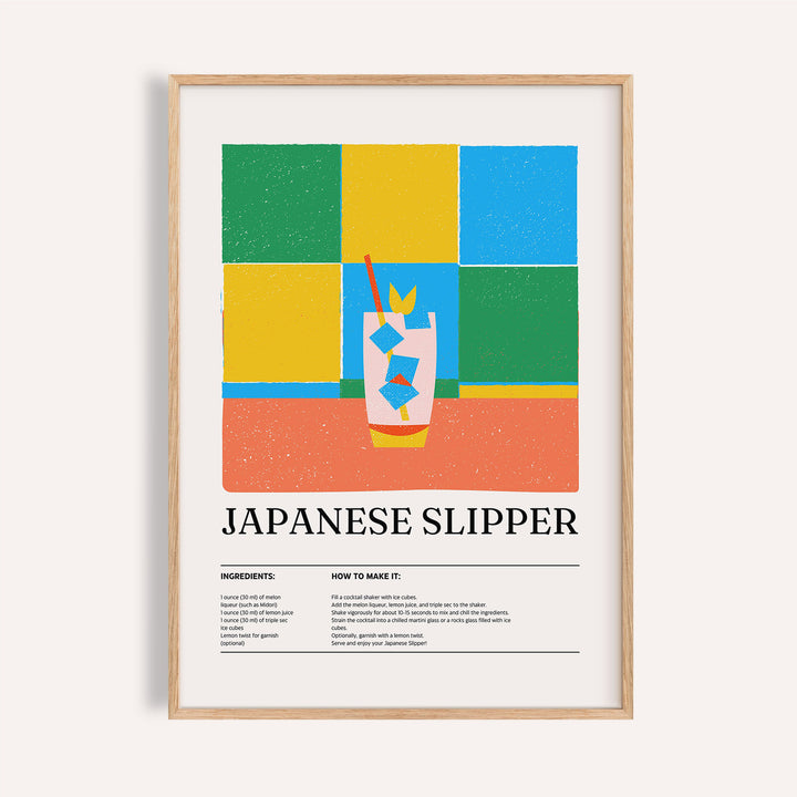 Framed print of Japanese slipper cocktail illustration with bright blocks of colour and typographic recipe details