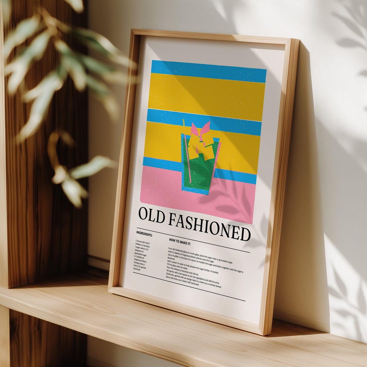 Drink wall art for kitchen framed close-up of old fashioned illustration with pink green and yellow on a wooden shelf