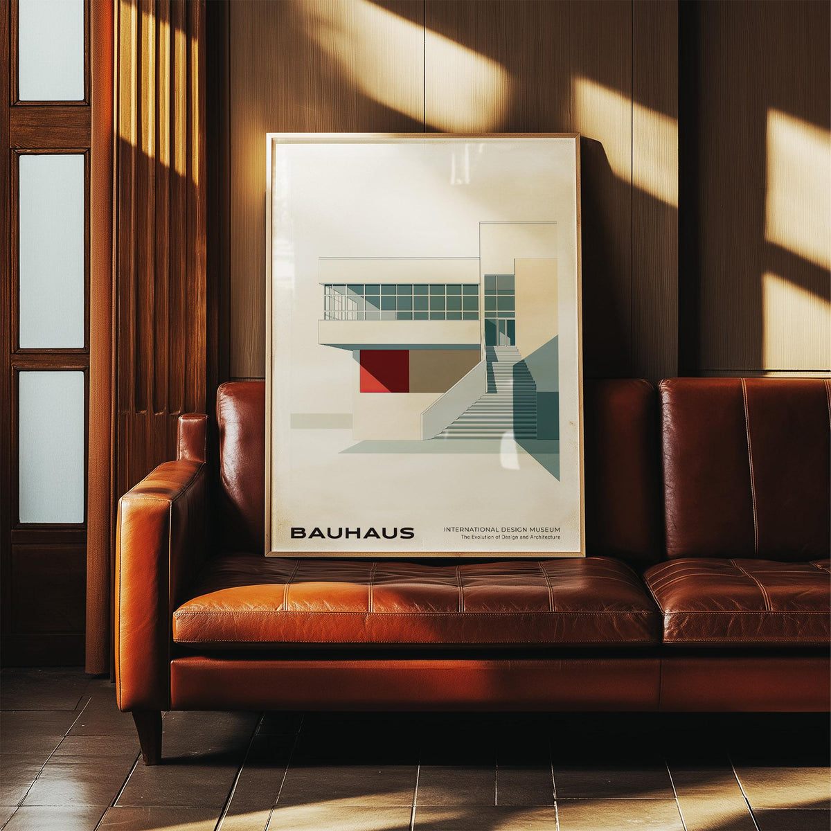 Architecture posters framed print of modern building stairs with beige and red shades on a brown leather sofa