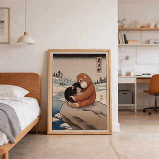 Print leaning on floor of Punch Monkey Poster with baby and stuffed monkey in muted tones near a bed
