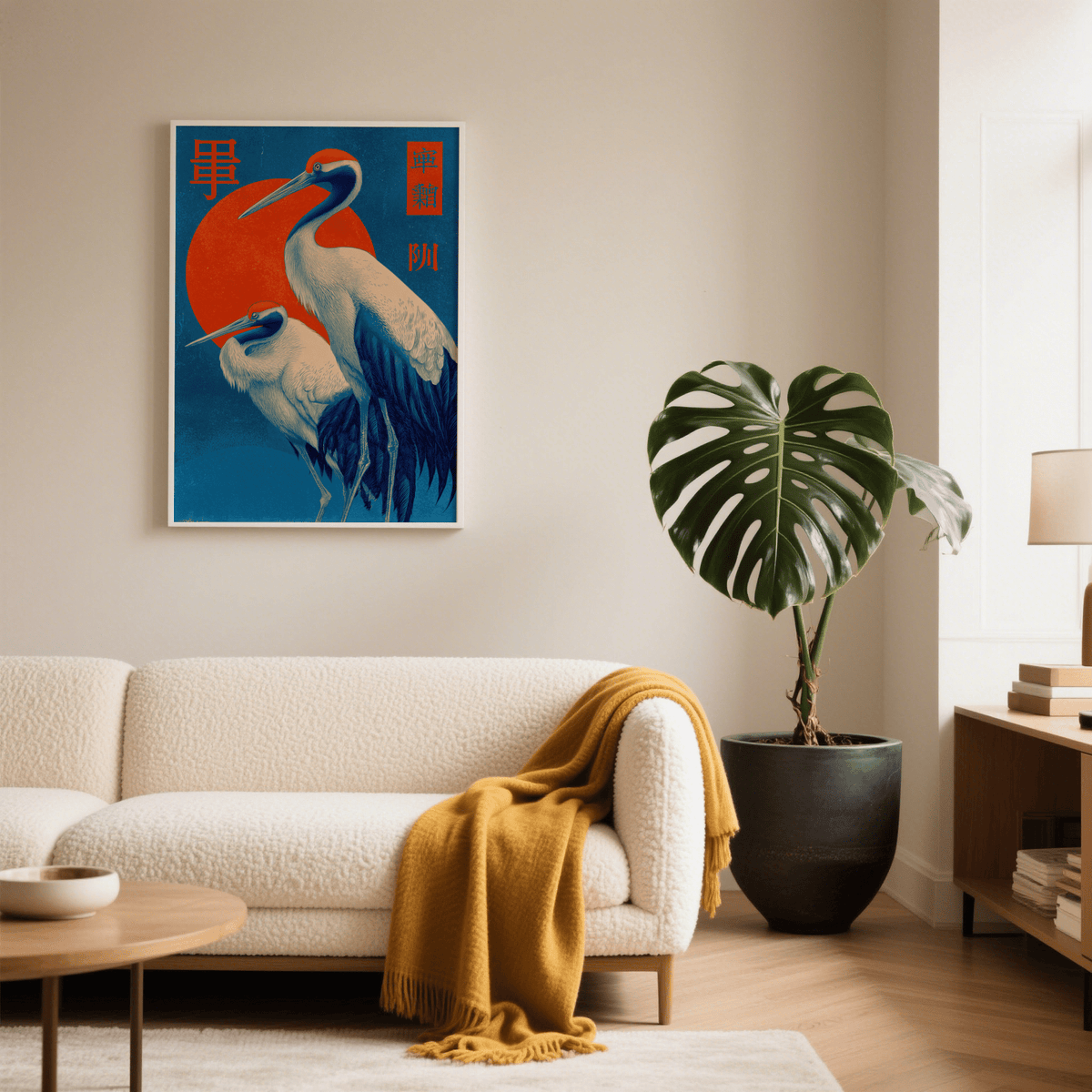 Cranes art on a wall with red-crowned cranes in blue and red above a white sofa with a yellow throw