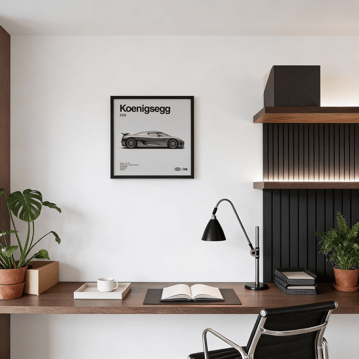 Side view of Swedish Supercar Art Print with black details for entryway décor