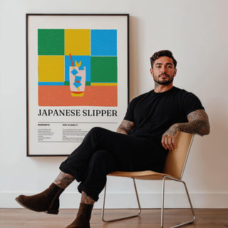 Trendy wall art framed print of a Japanese slipper cocktail in minimalist style with green yellow and blue blocks beside a man sitting on