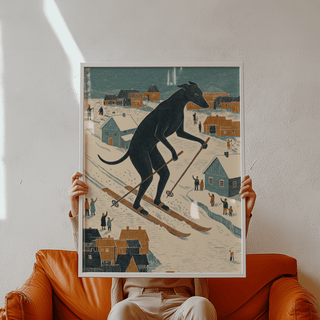 Framed Skiing Dog Art Print of a black dog skiing illustrated in folk-art style held by hands above a brown chair