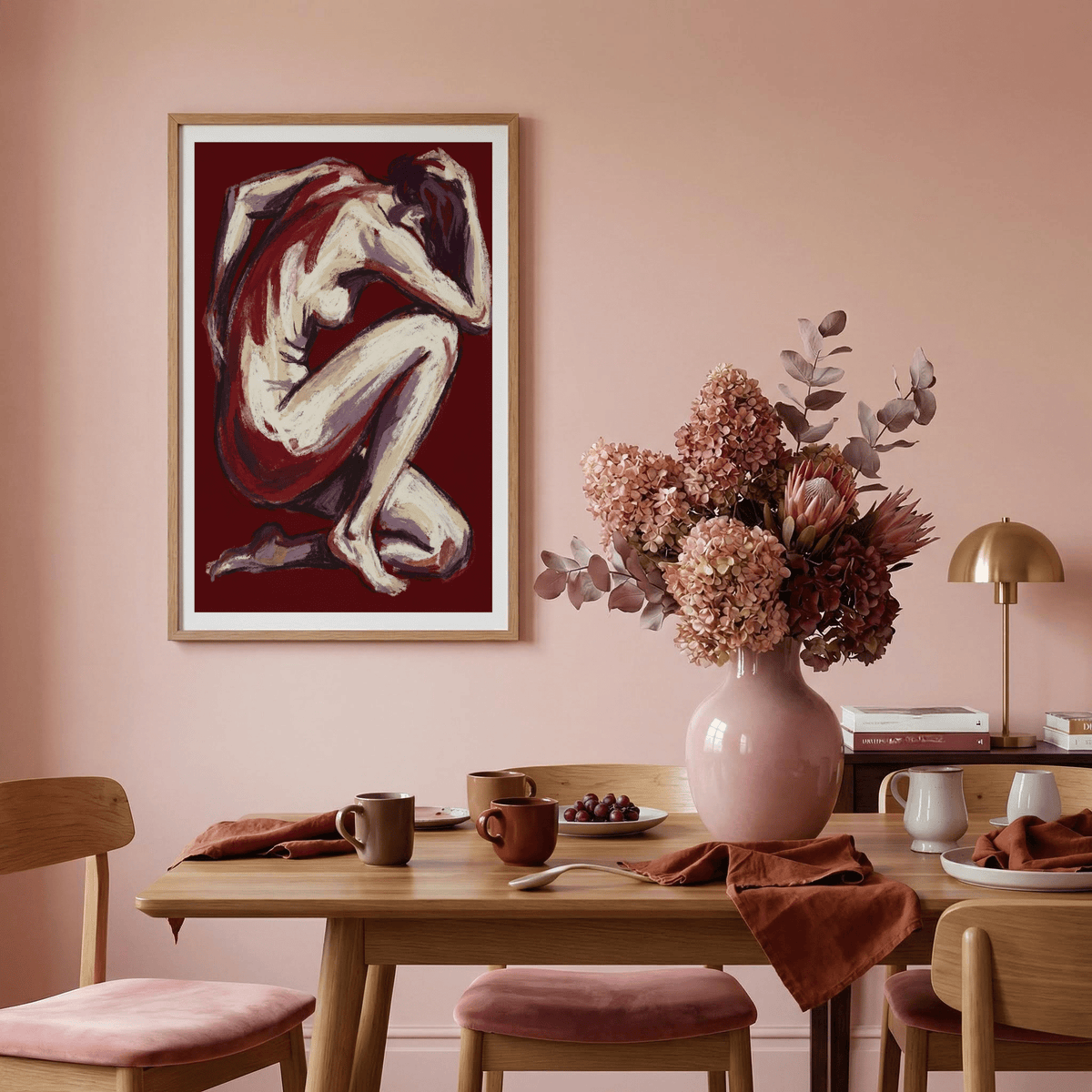 Expressive figure wall art print with central motif and negative space