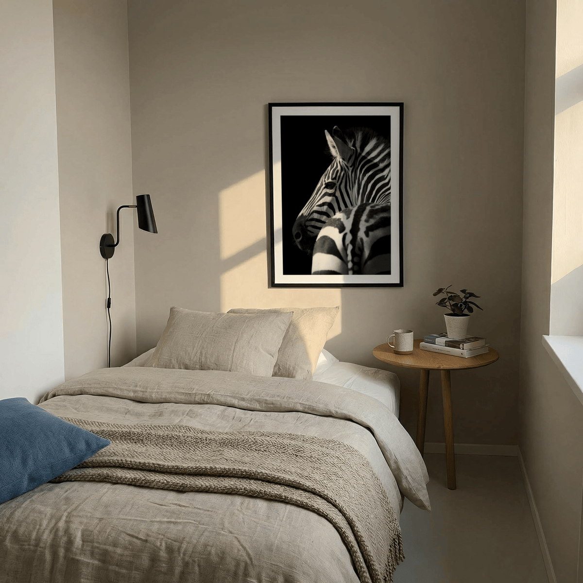 Black and white zebra print hanging on a beige wall above a bed with cream bedding and a wooden side table