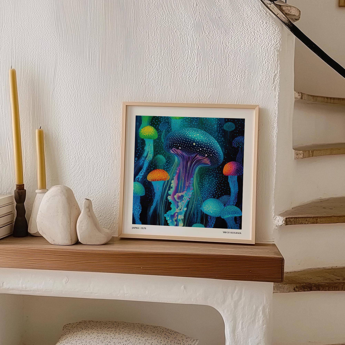 Jellyfish print leaning on a wooden shelf with cream candles and white sculptures nearby