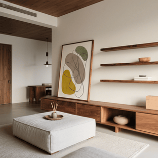 Geometric Abstract Poster print leaning on a wooden cabinet with shelves and ceramic decor in a living room