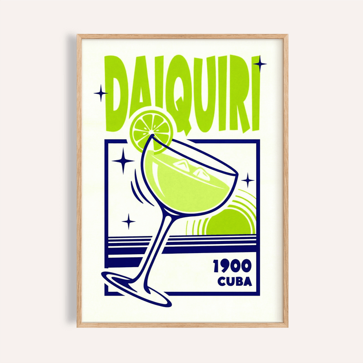 Framed Daiquiri art print with lime green and navy illustration in a minimalist style