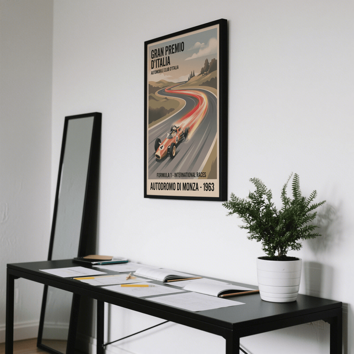Retro Racing Art Print framed print on a wall in a room with a green plant on a black table