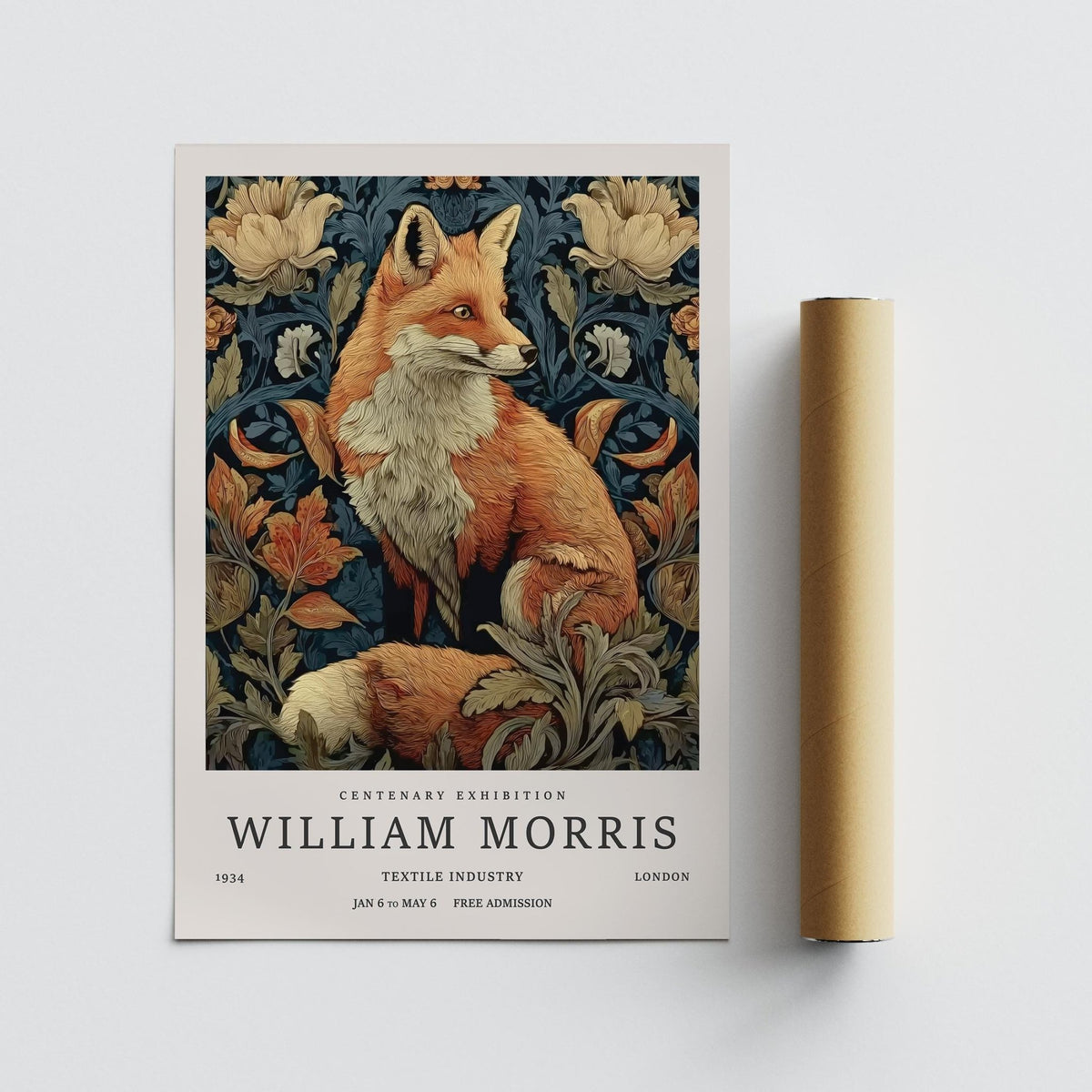 William Morris Fox Print lying flat with a rolled-up brown packaging tube on a grey surface