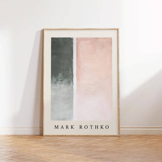 Art Wall Painting leaning on a parquet floor with pastel pink and grey blocks and text below
