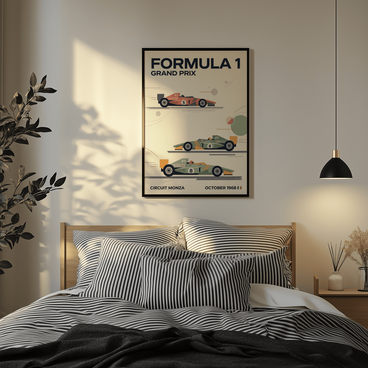 Print on a wall in a bedroom showing three classic racing cars poster with minimalist design and muted colours